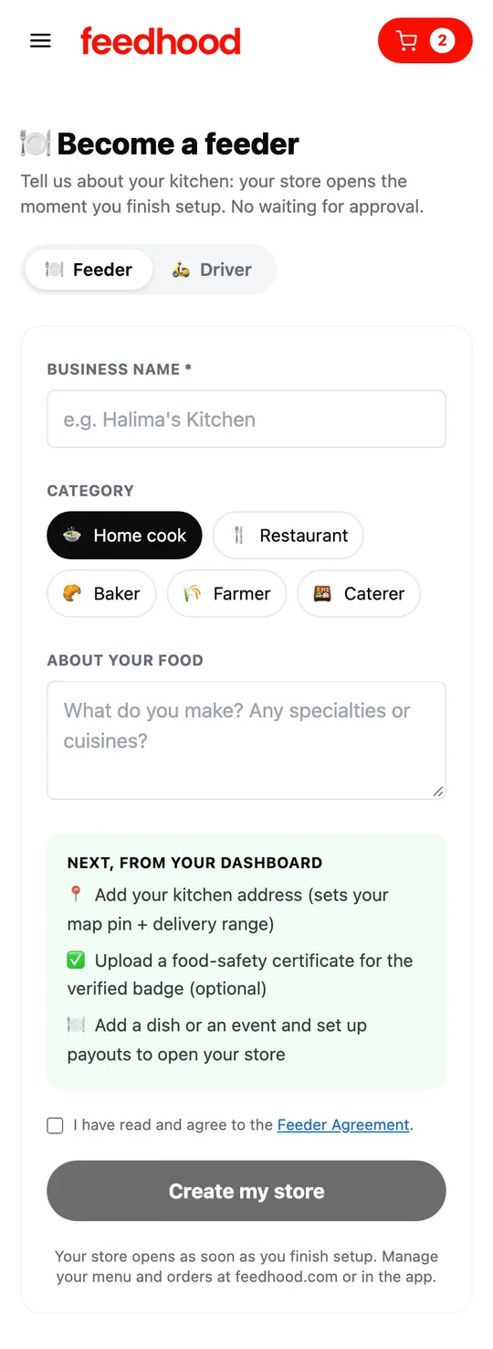 Sign up as a feeder, on a phone
