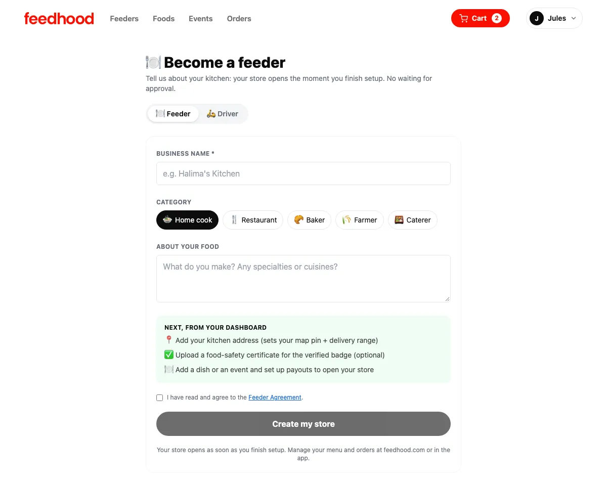 Sign up as a feeder, on feedhood.com
