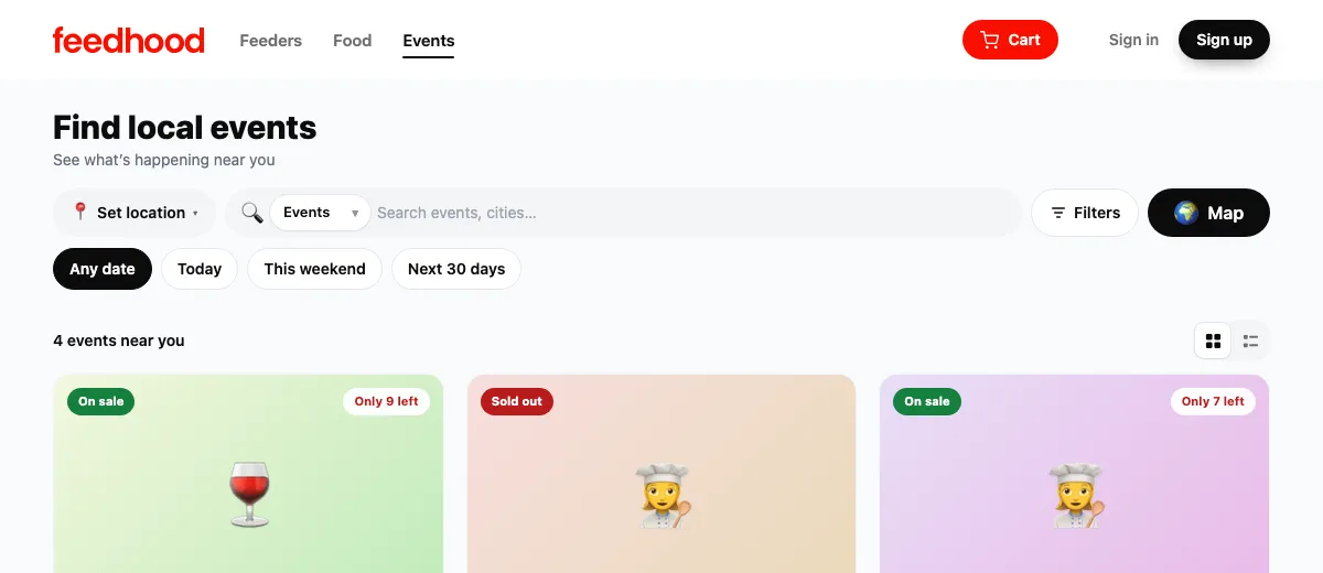 Book a place at an event, on feedhood.com
