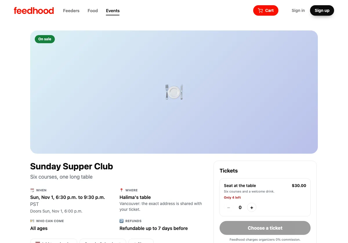 Book a place at an event, on feedhood.com
