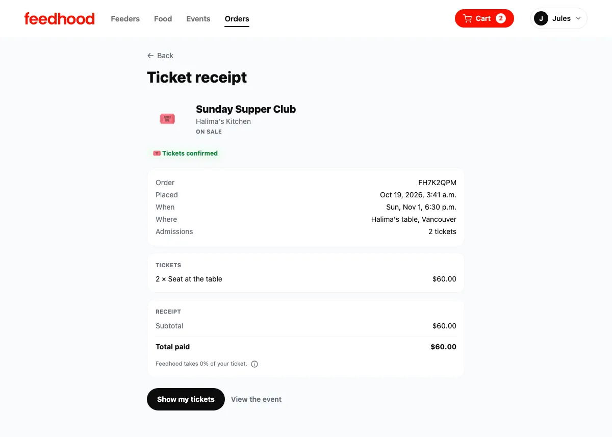 Book a place at an event, on feedhood.com