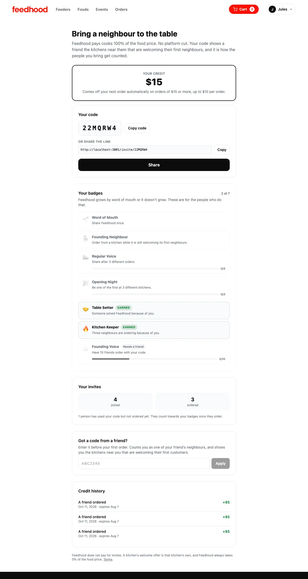Invite friends, and get credit, on feedhood.com