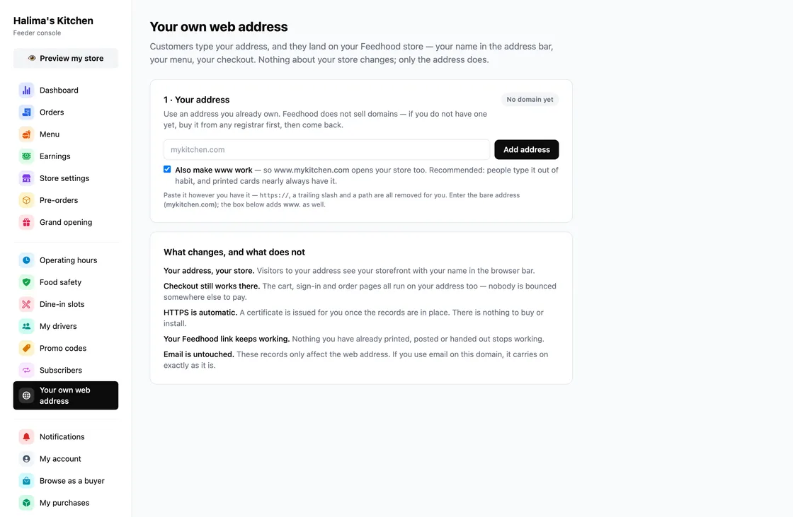 Use your own web address, on feedhood.com