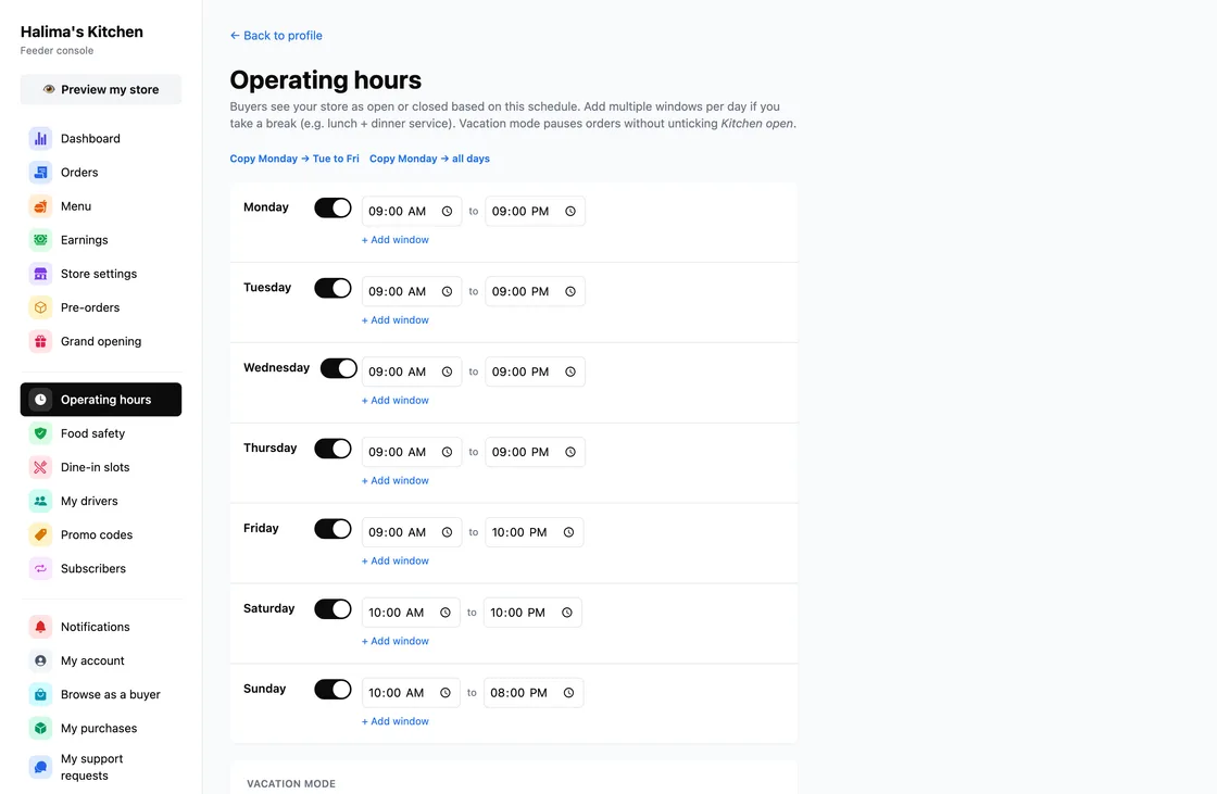 Set up your store page, on feedhood.com