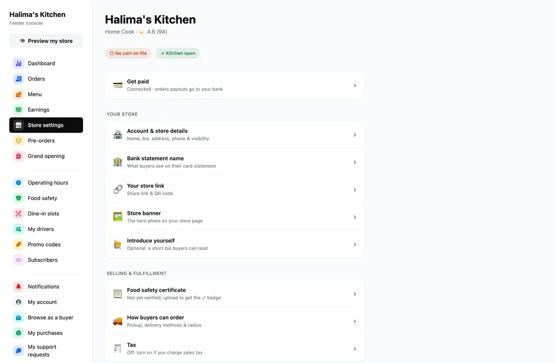 Set up your store page, on feedhood.com