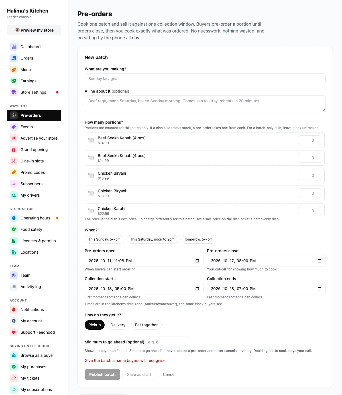 Sell a batch (pre-orders), on feedhood.com